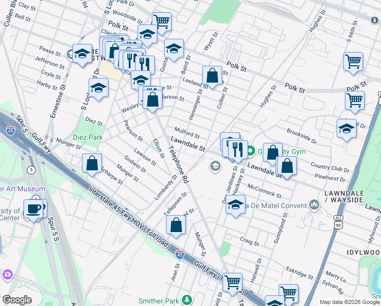 map of restaurants, bars, coffee shops, grocery stores, and more near 5201 Hillman Street in Houston