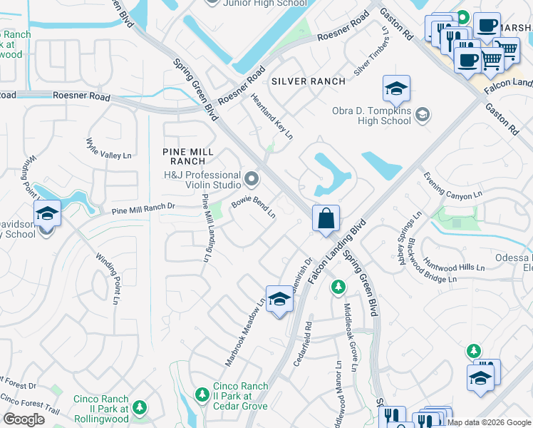 map of restaurants, bars, coffee shops, grocery stores, and more near 3922 Bowie Bend Lane in Katy