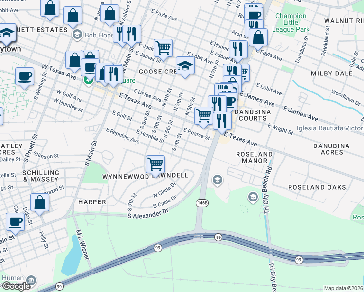 map of restaurants, bars, coffee shops, grocery stores, and more near 601 East Gulf Street in Baytown