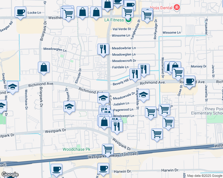 map of restaurants, bars, coffee shops, grocery stores, and more near 9700 Richmond Avenue in Houston
