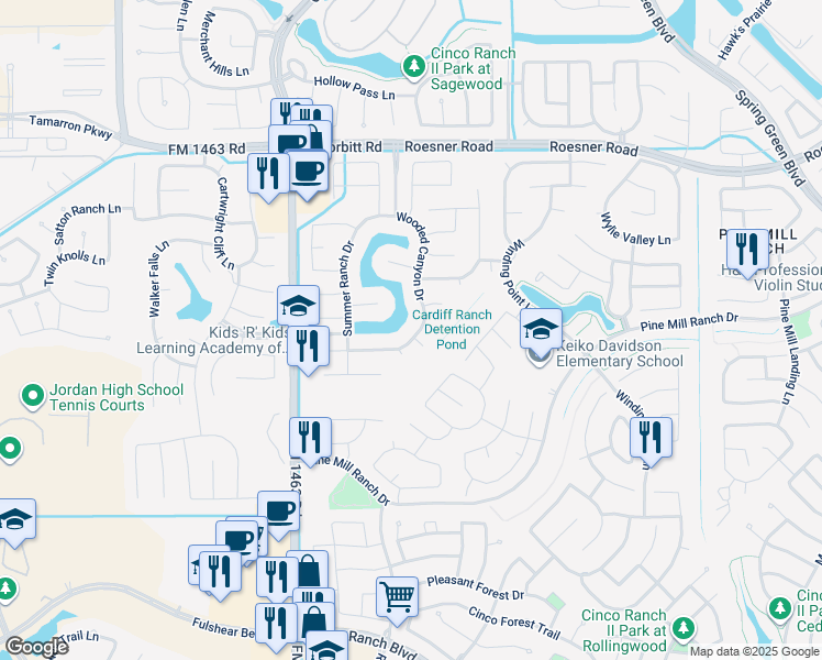 map of restaurants, bars, coffee shops, grocery stores, and more near 27107 Wooded Canyon Drive in Katy