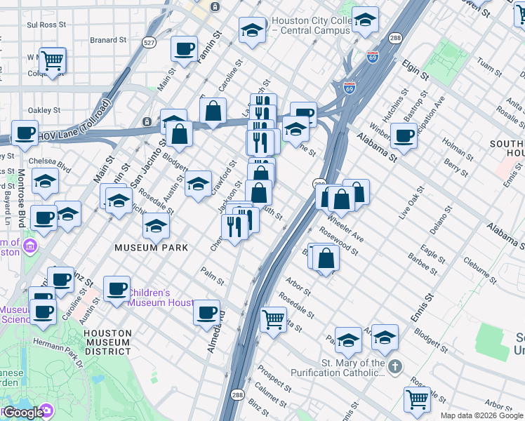 map of restaurants, bars, coffee shops, grocery stores, and more near 1909 Ruth Street in Houston