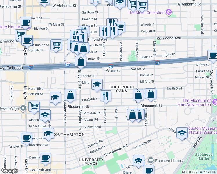 map of restaurants, bars, coffee shops, grocery stores, and more near 1917 Milford Street in Houston