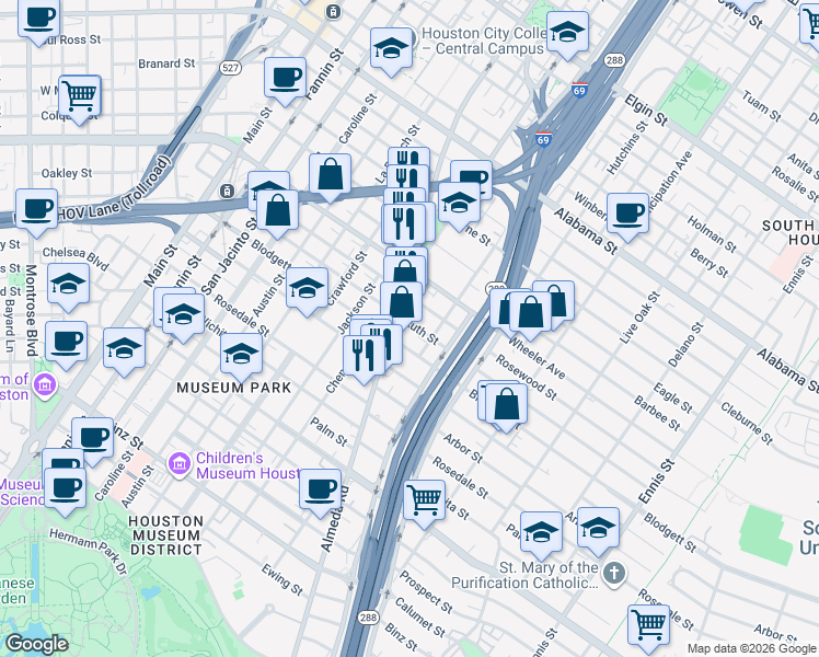 map of restaurants, bars, coffee shops, grocery stores, and more near 1909 Ruth Street in Houston