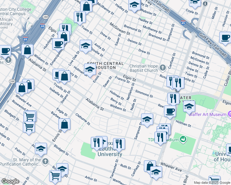 map of restaurants, bars, coffee shops, grocery stores, and more near 3237 Reeves Street in Houston