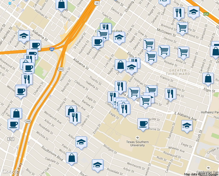map of restaurants, bars, coffee shops, grocery stores, and more near 2811 Alabama Street in Houston