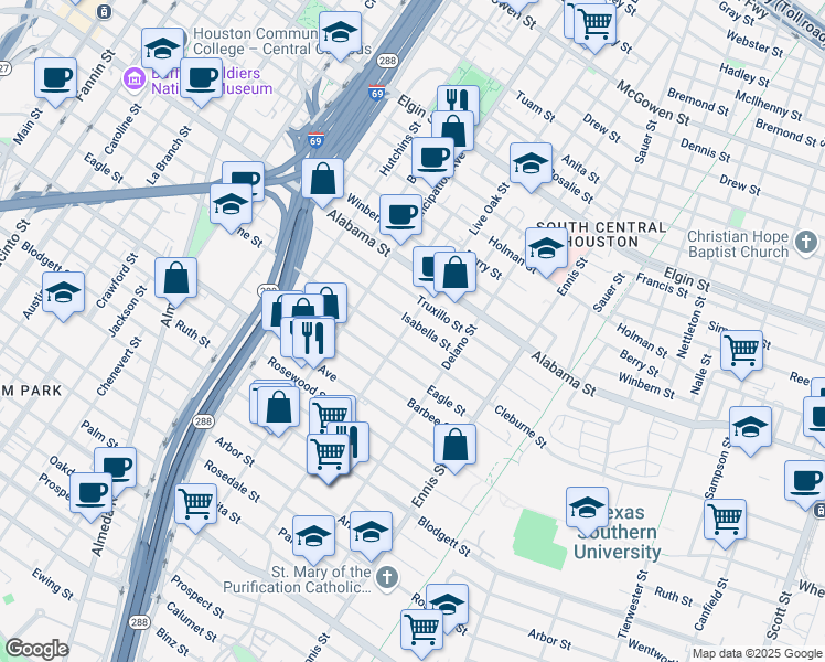 map of restaurants, bars, coffee shops, grocery stores, and more near 2601 Isabella Street in Houston