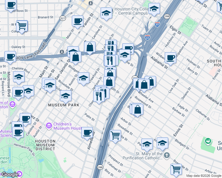 map of restaurants, bars, coffee shops, grocery stores, and more near 1909 Ruth Street in Houston