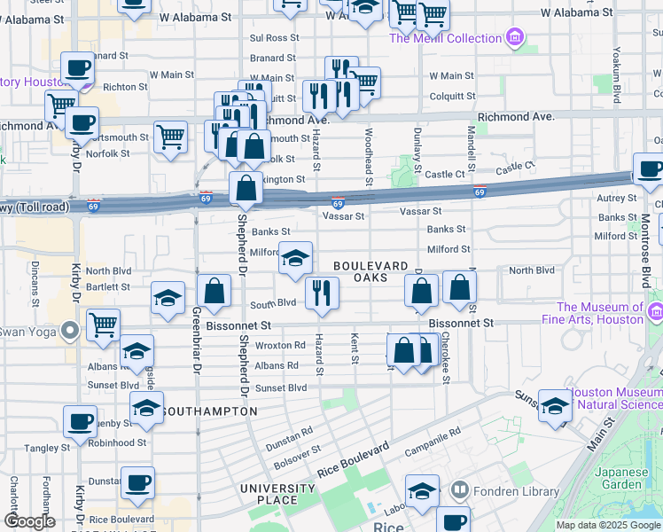 map of restaurants, bars, coffee shops, grocery stores, and more near 1917 Milford Street in Houston