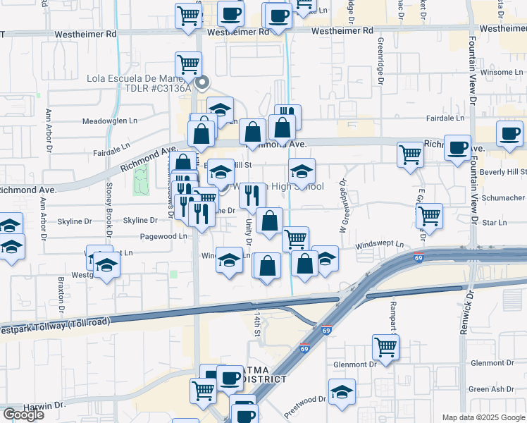 map of restaurants, bars, coffee shops, grocery stores, and more near 57 Unity Drive in Houston