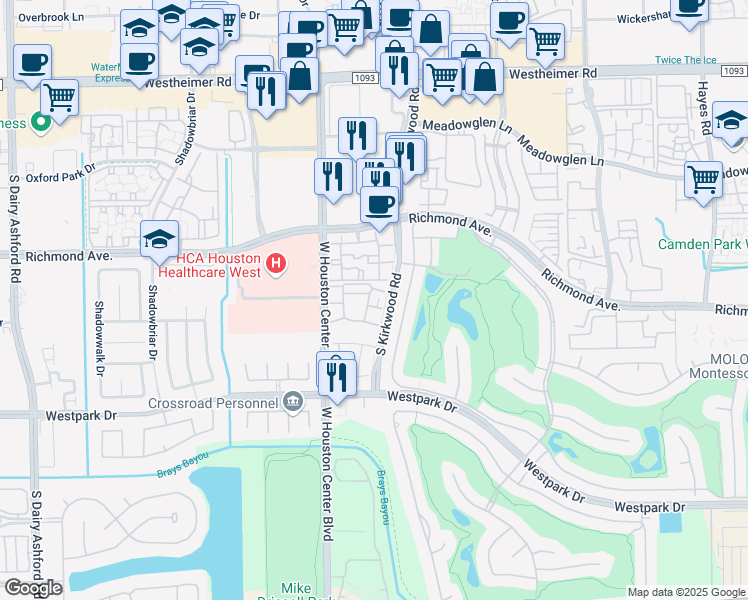 map of restaurants, bars, coffee shops, grocery stores, and more near 12655 West Houston Center Boulevard in Houston