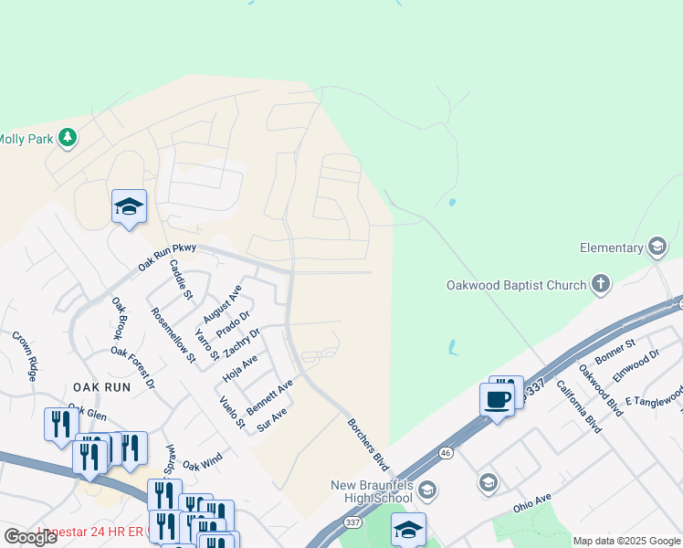 map of restaurants, bars, coffee shops, grocery stores, and more near Oak Run Parkway in New Braunfels