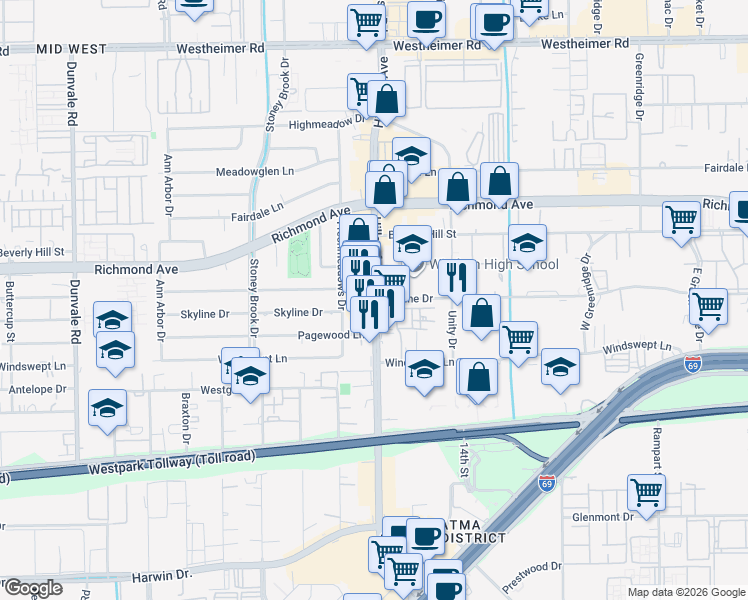 map of restaurants, bars, coffee shops, grocery stores, and more near Hillcroft Ave & Skyline Dr in Houston