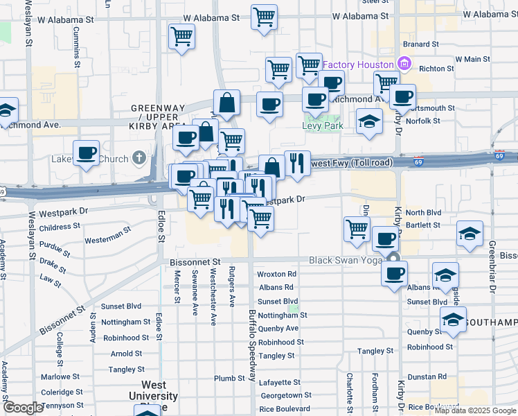 map of restaurants, bars, coffee shops, grocery stores, and more near 3123-3143 Westpark Drive in Houston