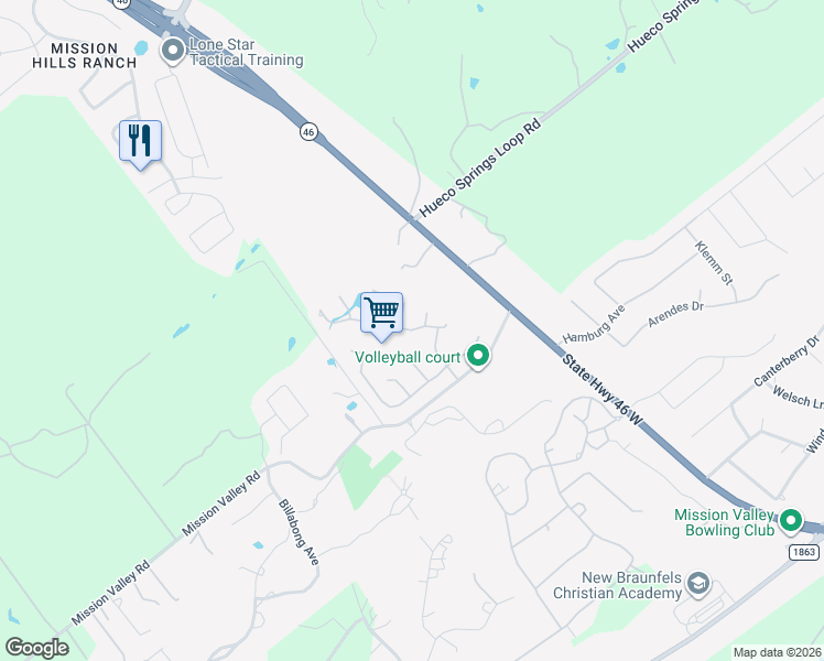 map of restaurants, bars, coffee shops, grocery stores, and more near Lodge Creek Drive in New Braunfels