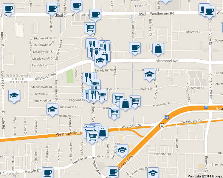 map of restaurants, bars, coffee shops, grocery stores, and more near 6419 Skyline Drive in Houston