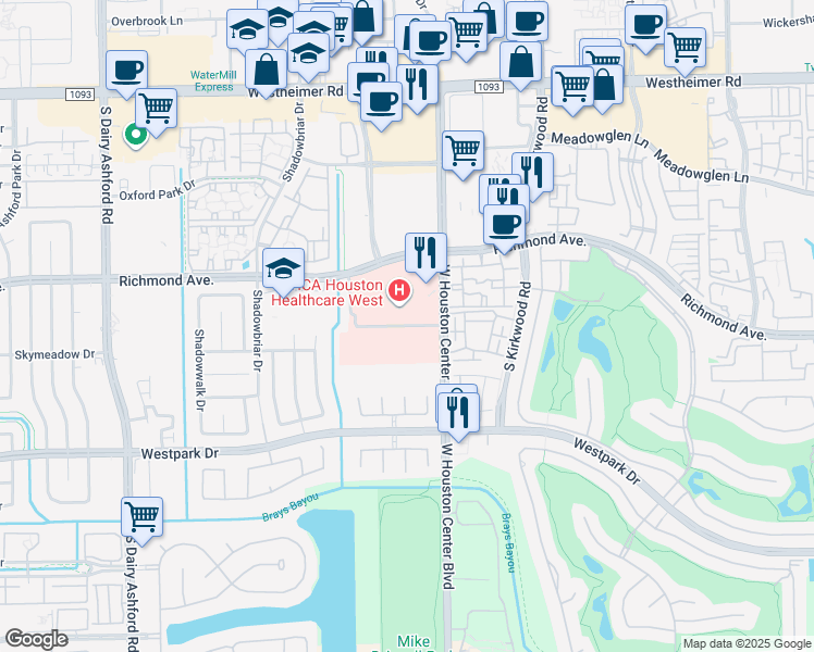 map of restaurants, bars, coffee shops, grocery stores, and more near 12141 Richmond Avenue in Houston