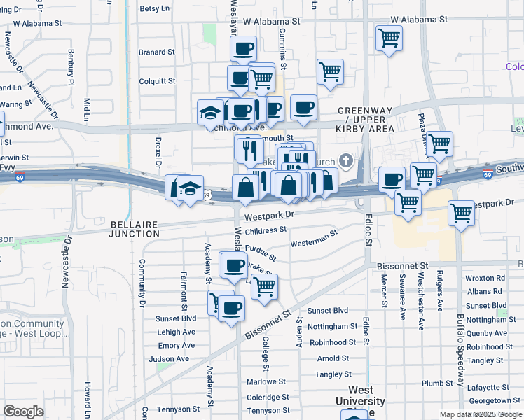 map of restaurants, bars, coffee shops, grocery stores, and more near 105 Southwest Freeway Service Road in Houston