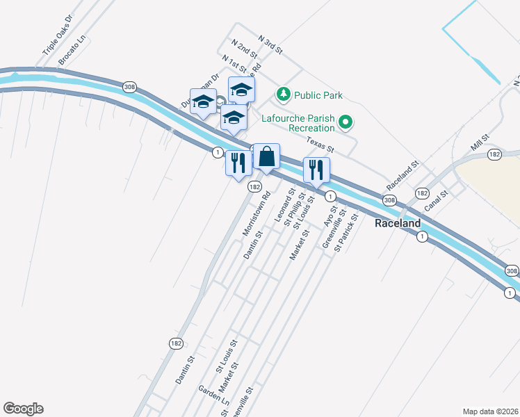 map of restaurants, bars, coffee shops, grocery stores, and more near 129 Morristown Street in Raceland
