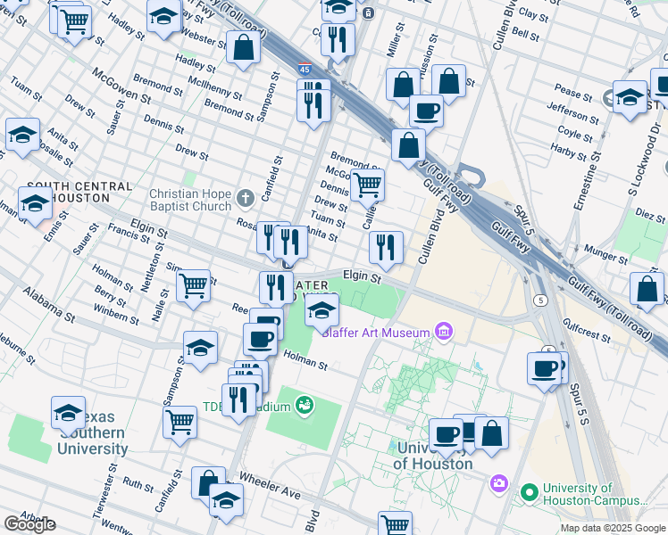 map of restaurants, bars, coffee shops, grocery stores, and more near 3719 Elgin Street in Houston