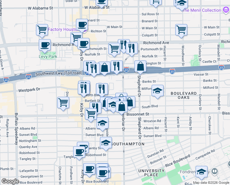 map of restaurants, bars, coffee shops, grocery stores, and more near 2316 North Boulevard in Houston