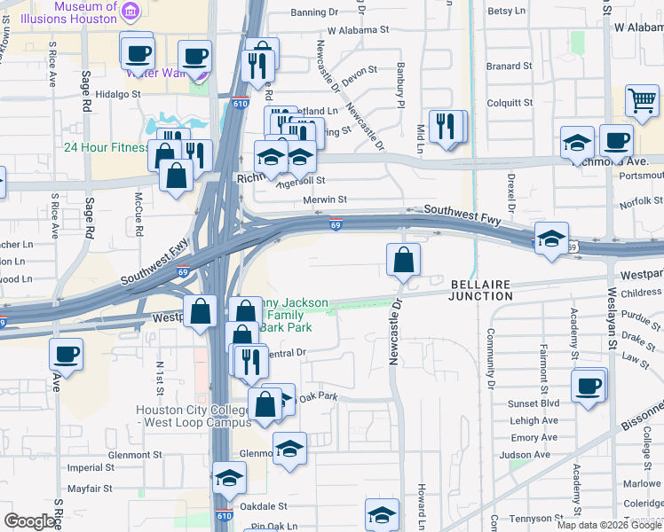 map of restaurants, bars, coffee shops, grocery stores, and more near 4669 Southwest Freeway Service Road in Houston