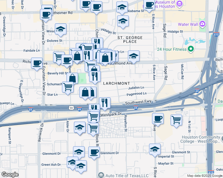 map of restaurants, bars, coffee shops, grocery stores, and more near 5525 Schumacher Lane in Houston