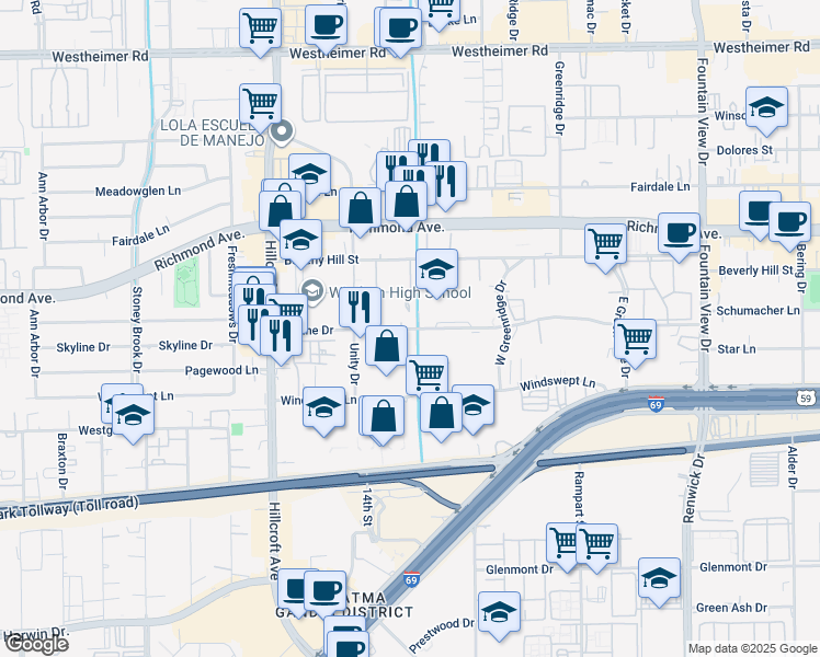 map of restaurants, bars, coffee shops, grocery stores, and more near 6350 Skyline Drive in Houston