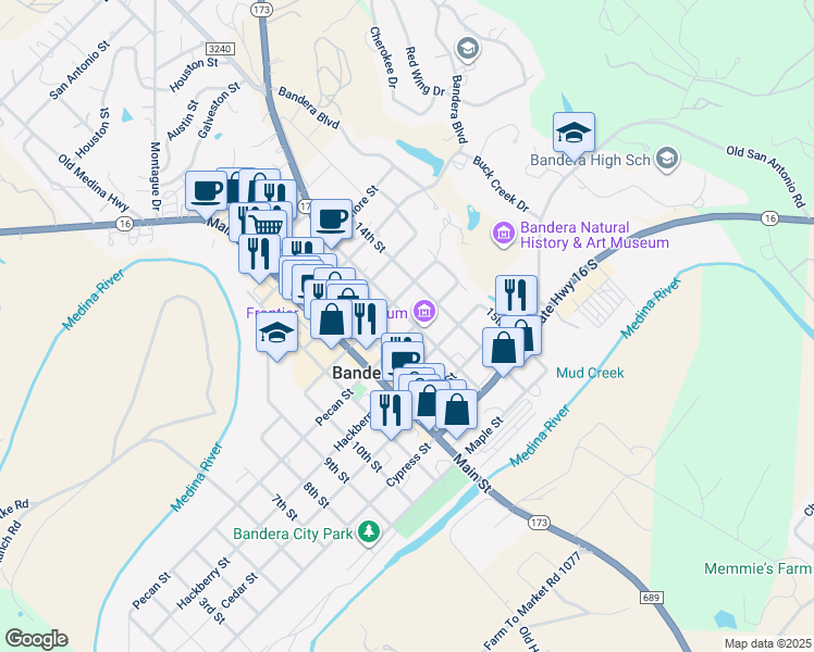 map of restaurants, bars, coffee shops, grocery stores, and more near 1315 Pecan Street in Bandera