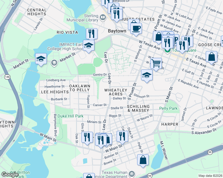 map of restaurants, bars, coffee shops, grocery stores, and more near 714 Denby Street in Baytown