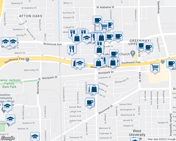map of restaurants, bars, coffee shops, grocery stores, and more near 4015 Southwest Freeway Service Road in Houston