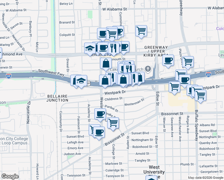 map of restaurants, bars, coffee shops, grocery stores, and more near 3929 Southwest Fwy in Houston
