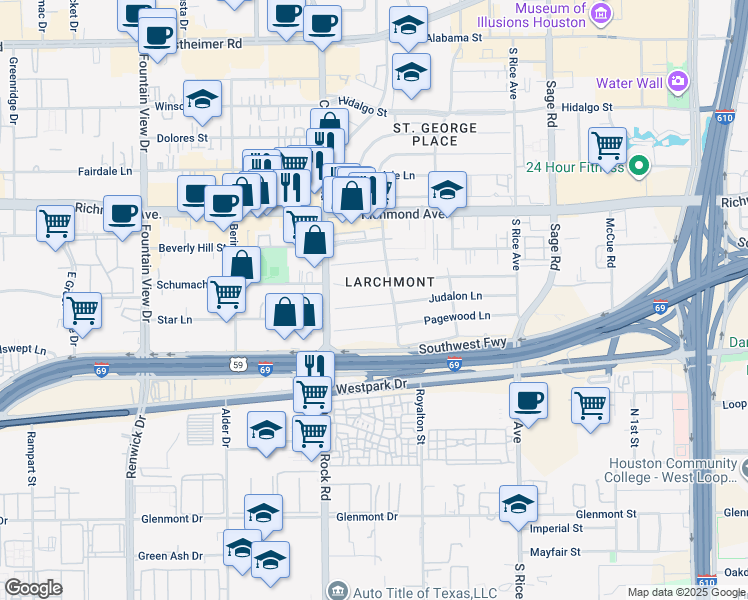 map of restaurants, bars, coffee shops, grocery stores, and more near 5525 Schumacher Lane in Houston