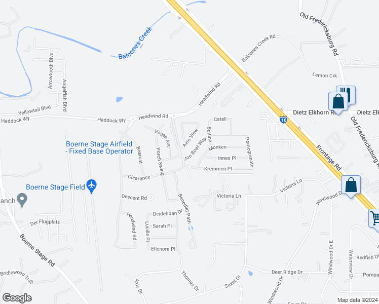 map of restaurants, bars, coffee shops, grocery stores, and more near 9951 Jon Boat Way in Boerne