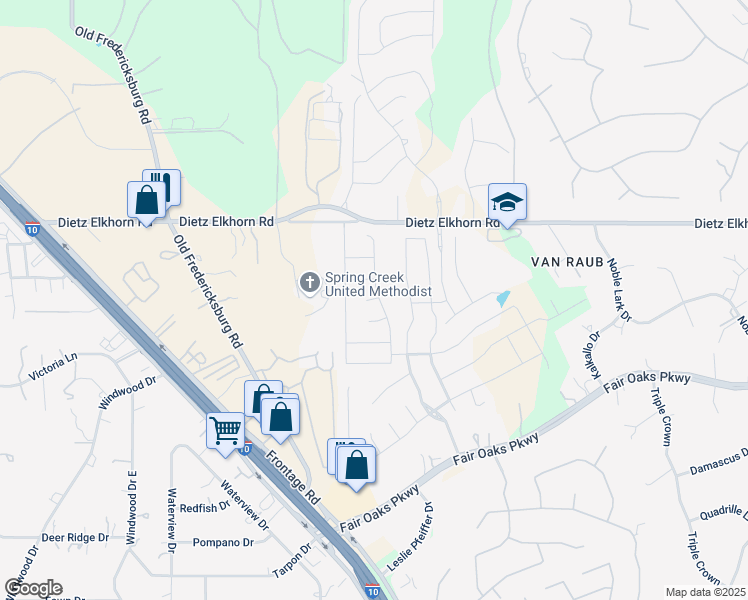map of restaurants, bars, coffee shops, grocery stores, and more near 9002 Leslies Gate in Boerne