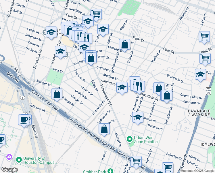 map of restaurants, bars, coffee shops, grocery stores, and more near 5201 Hillman Street in Houston