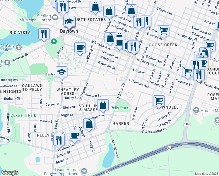 map of restaurants, bars, coffee shops, grocery stores, and more near 100 High Street in Baytown