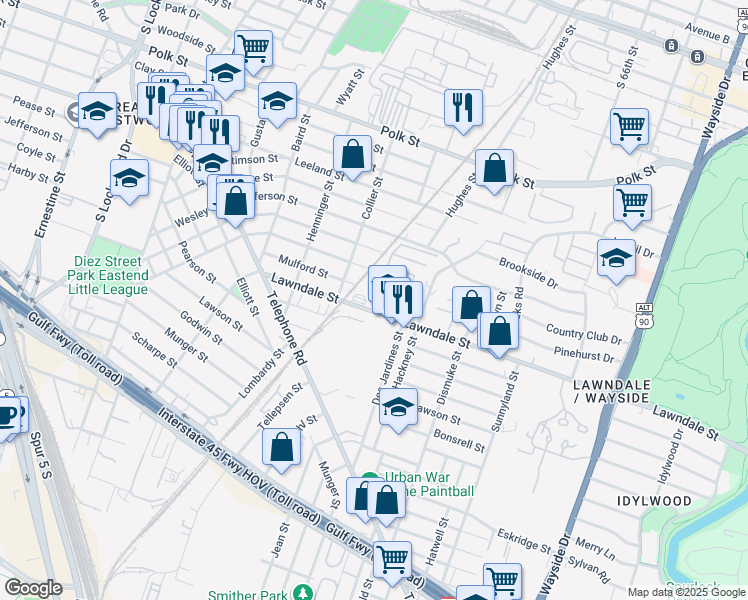 map of restaurants, bars, coffee shops, grocery stores, and more near 5315 Lawndale Street in Houston