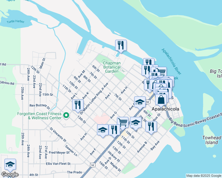 map of restaurants, bars, coffee shops, grocery stores, and more near 165 7th Street in Mexico Beach