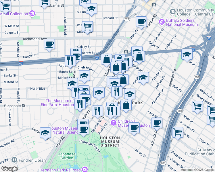 map of restaurants, bars, coffee shops, grocery stores, and more near 5115 Fannin Street in Houston