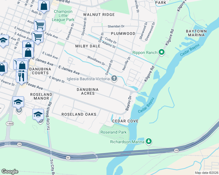map of restaurants, bars, coffee shops, grocery stores, and more near 2101 East James Avenue in Baytown