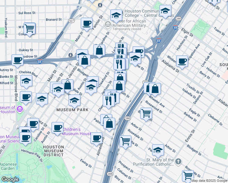 map of restaurants, bars, coffee shops, grocery stores, and more near 1721 Blodgett Street in Houston