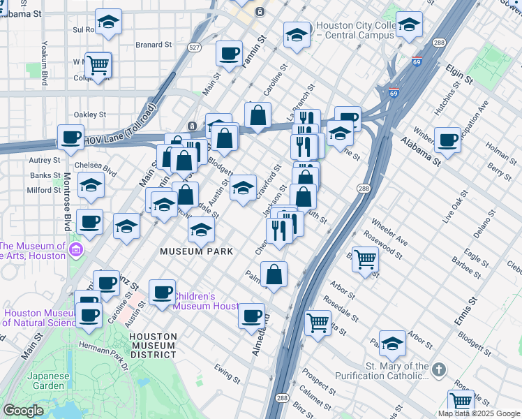 map of restaurants, bars, coffee shops, grocery stores, and more near 4702 Jackson Street in Houston