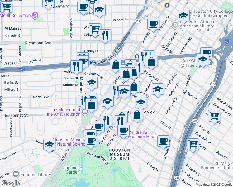 map of restaurants, bars, coffee shops, grocery stores, and more near 5115 Main street in Houston