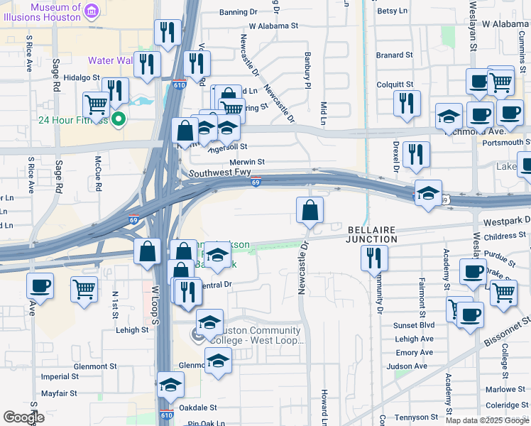 map of restaurants, bars, coffee shops, grocery stores, and more near 4646 Wild Indigo Street in Houston