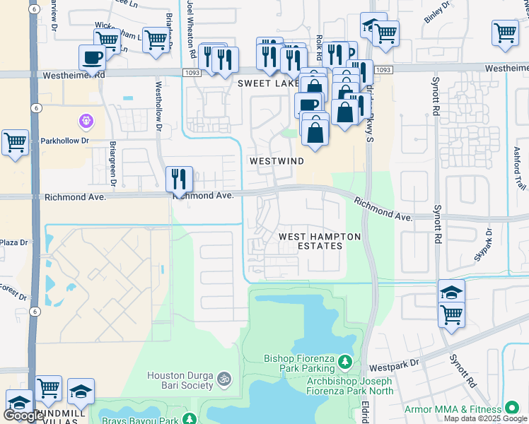 map of restaurants, bars, coffee shops, grocery stores, and more near 3046 Windchase Boulevard in Houston