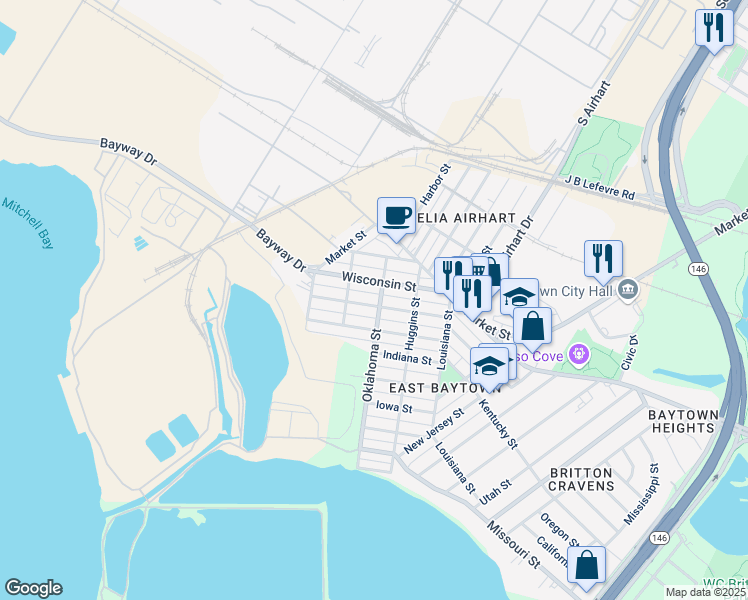 map of restaurants, bars, coffee shops, grocery stores, and more near 3304 Illinois Street in Baytown