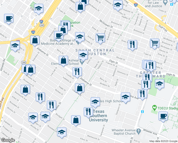 map of restaurants, bars, coffee shops, grocery stores, and more near 3519 Palmer Street in Houston