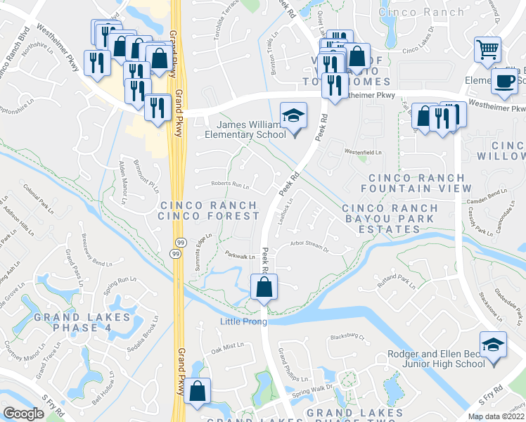 map of restaurants, bars, coffee shops, grocery stores, and more near 4203 Deforest Ridge Circle in Katy