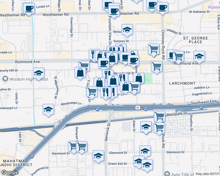 map of restaurants, bars, coffee shops, grocery stores, and more near 6000 Skyline Drive in Houston